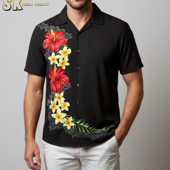 Black and yellow Hawaiian shirt with bright yellow plumeria flowers and red hibiscus on black fabric