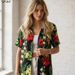 Black and yellow Hawaiian shirt size specifications and measurement chart