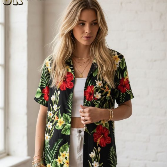 Black and yellow Hawaiian shirt size specifications and measurement chart