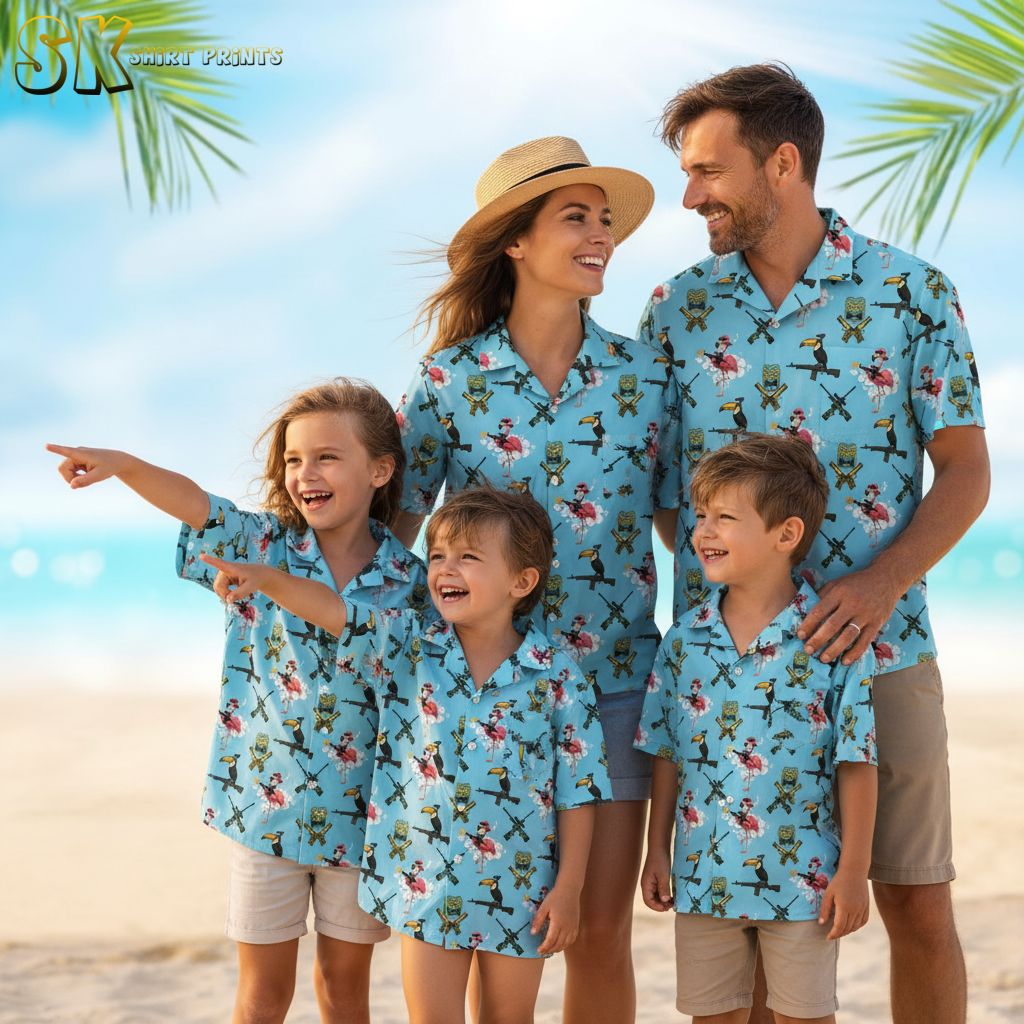 Blue aloha shirt showing flamingos wearing sunglasses and hats with tiki masks and toucan details