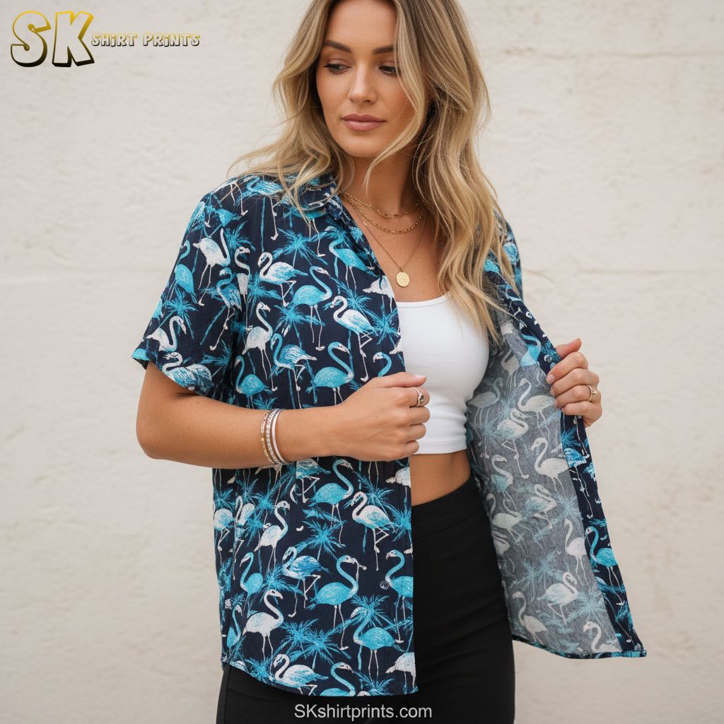 Blue aloha shirt showcasing flamingo birds and tropical leaf patterns in white and black colors