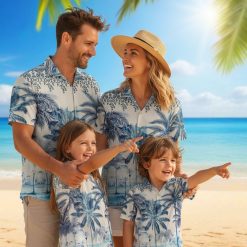 Blue aloha shirt featuring palm tree design with intricate floral border decoration