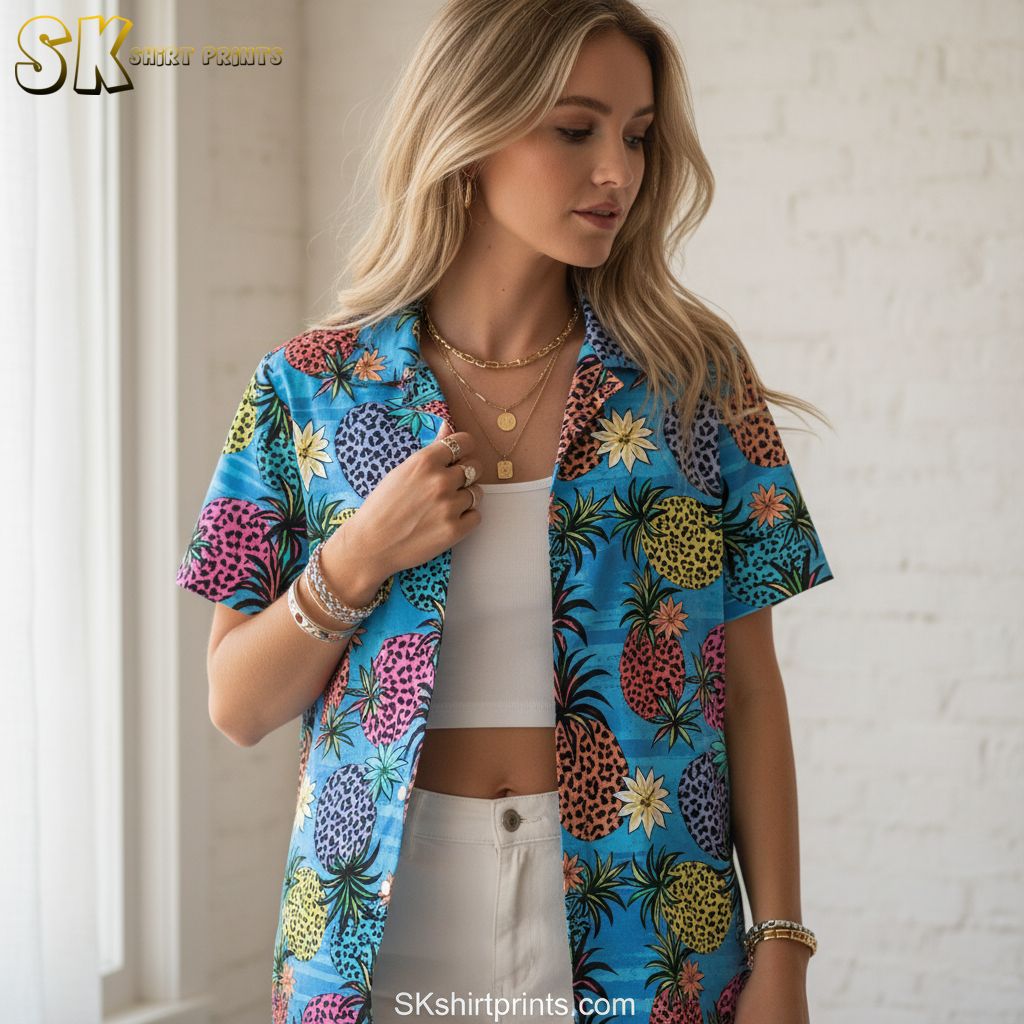 Blue aloha shirt featuring spotted pineapples in bright colors with tropical leaf accents on striped background