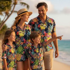 Blue aloha shirt displaying pineapples with sunglasses among tropical flowers and leaves