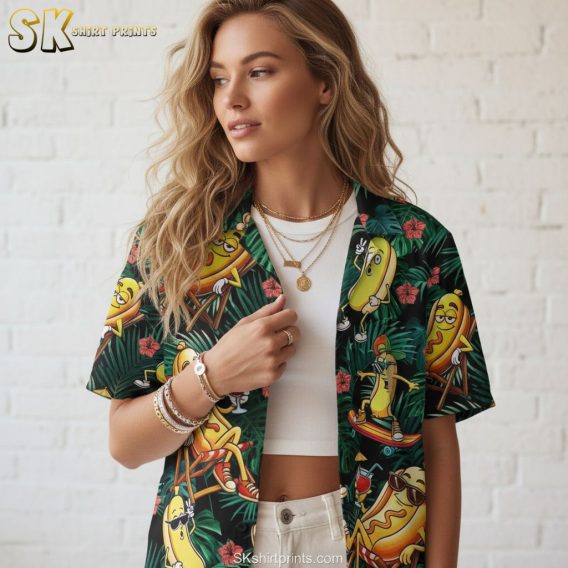 Blue and green Hawaiian shirt showing hot dogs lounging on chairs with tropical background