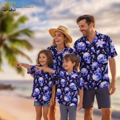Blue and purple Hawaiian shirt with starry skull pattern featuring cosmic elements and flowers in vibrant colors