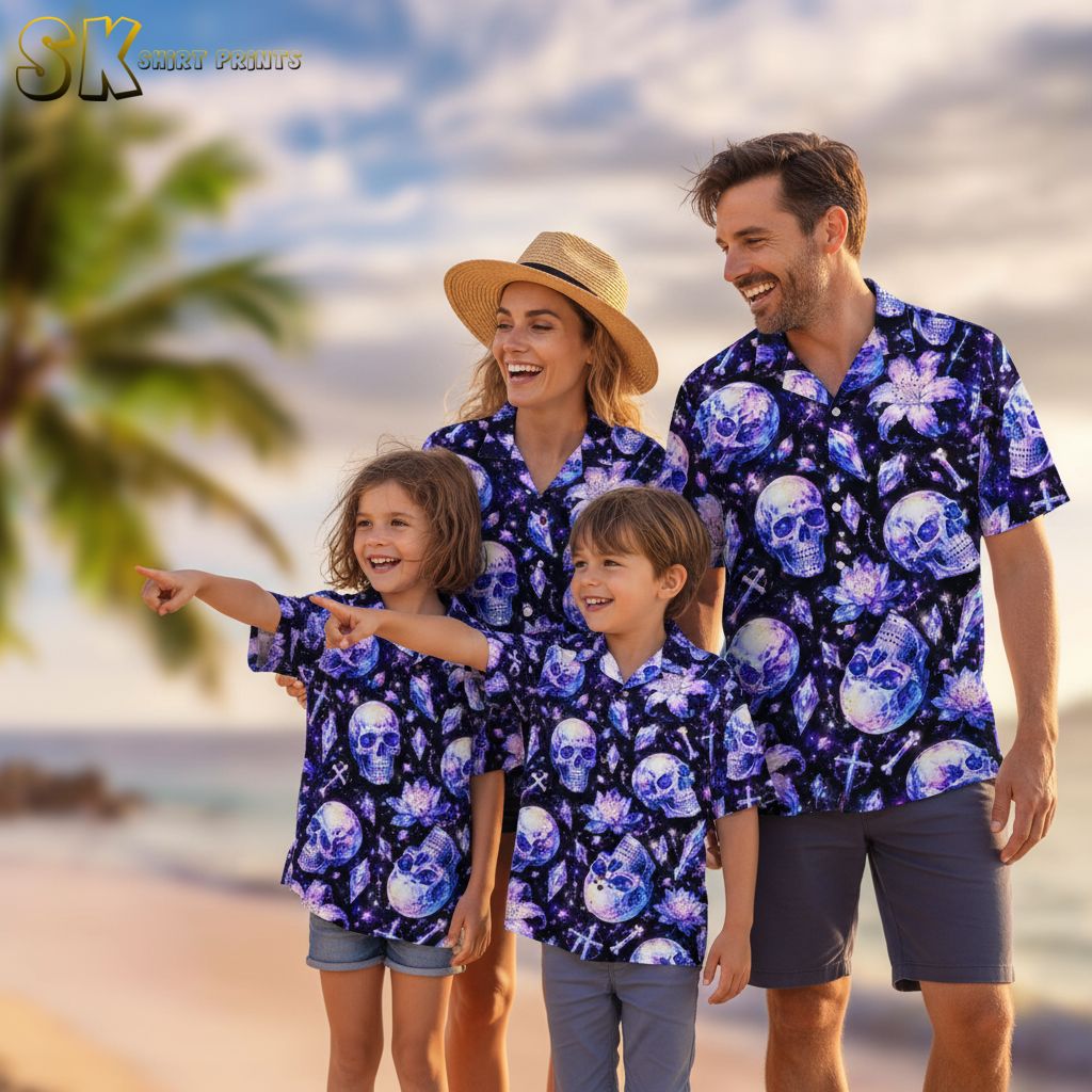 Blue and purple Hawaiian shirt with starry skull pattern featuring cosmic elements and flowers in vibrant colors