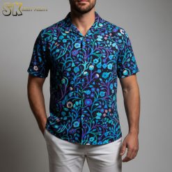 Blue and purple Hawaiian shirt with intricate garden pattern featuring flowers and foliage