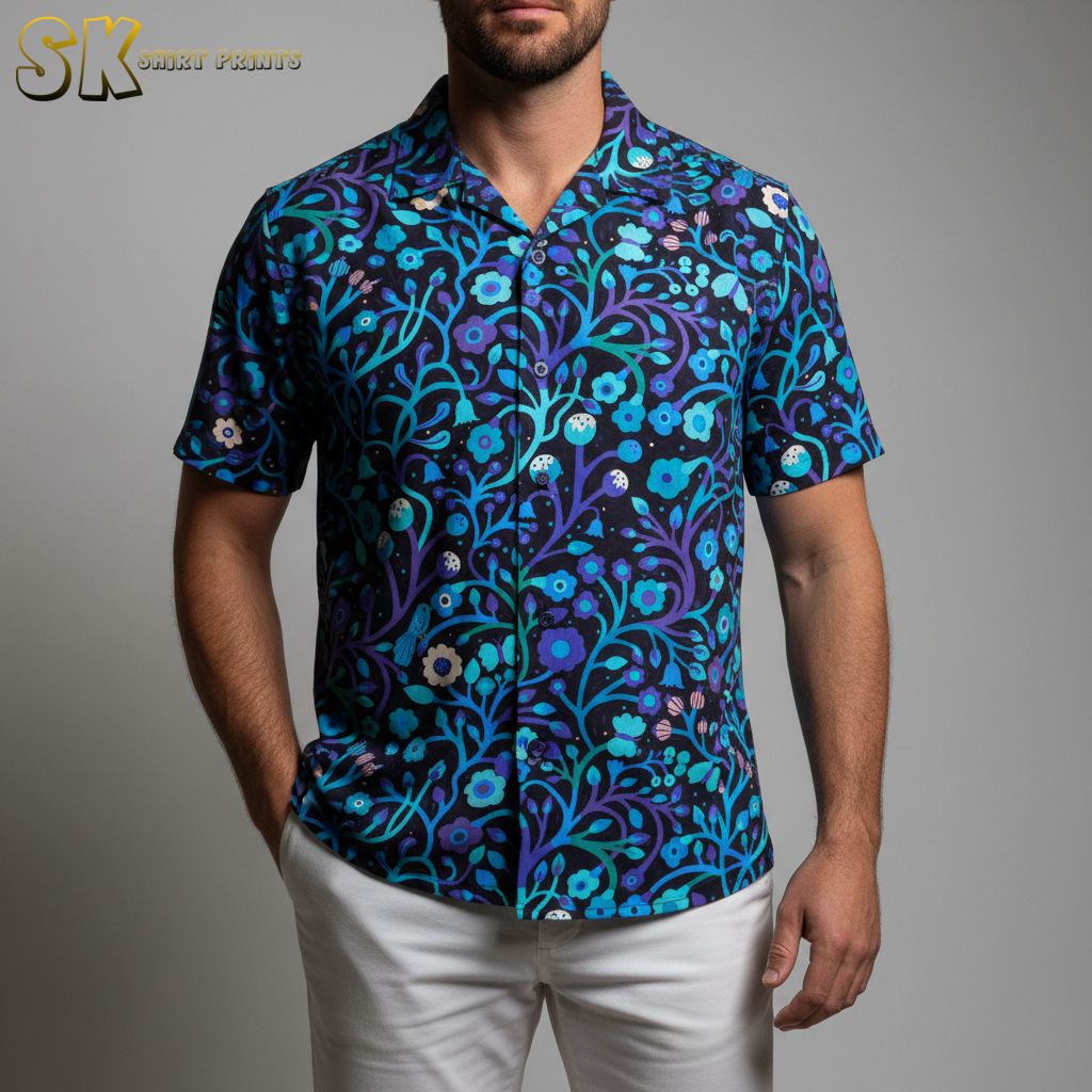 Blue and purple Hawaiian shirt with intricate garden pattern featuring flowers and foliage