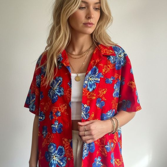 Full view of blue and red Hawaiian shirt showing complete floral design layout with hibiscus and tropical flowers