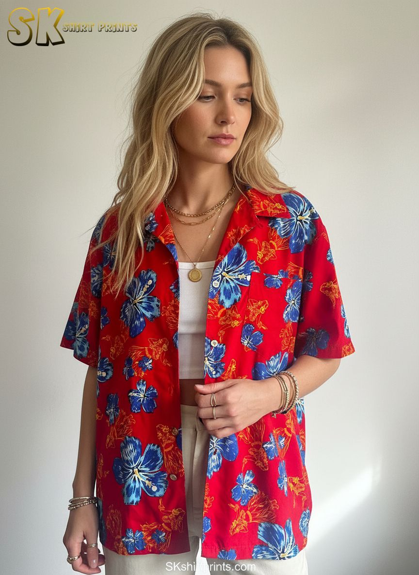 Full view of blue and red Hawaiian shirt showing complete floral design layout with hibiscus and tropical flowers