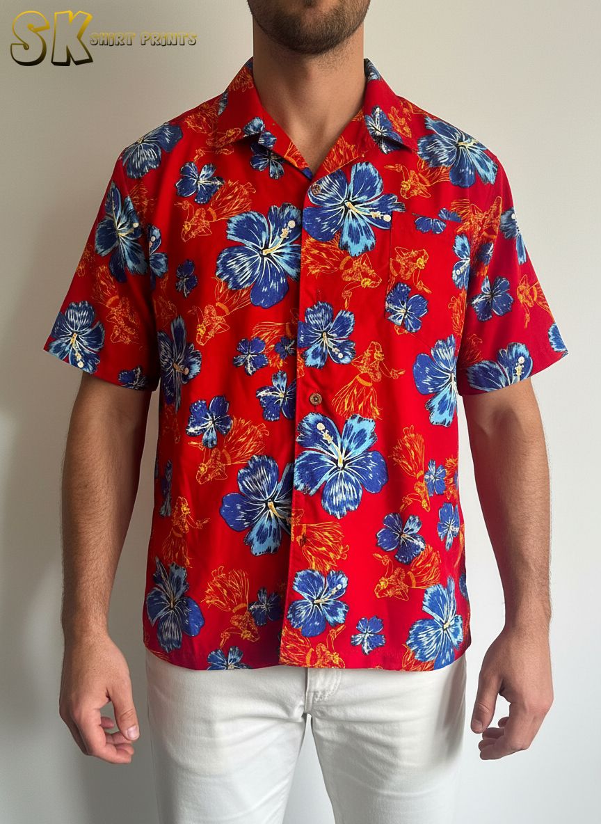 Blue and red Hawaiian shirt displaying tropical floral pattern with blue hibiscus blooms and red flower clusters