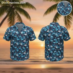 Blue and white Hawaiian shirt featuring flamingo print with tropical foliage background