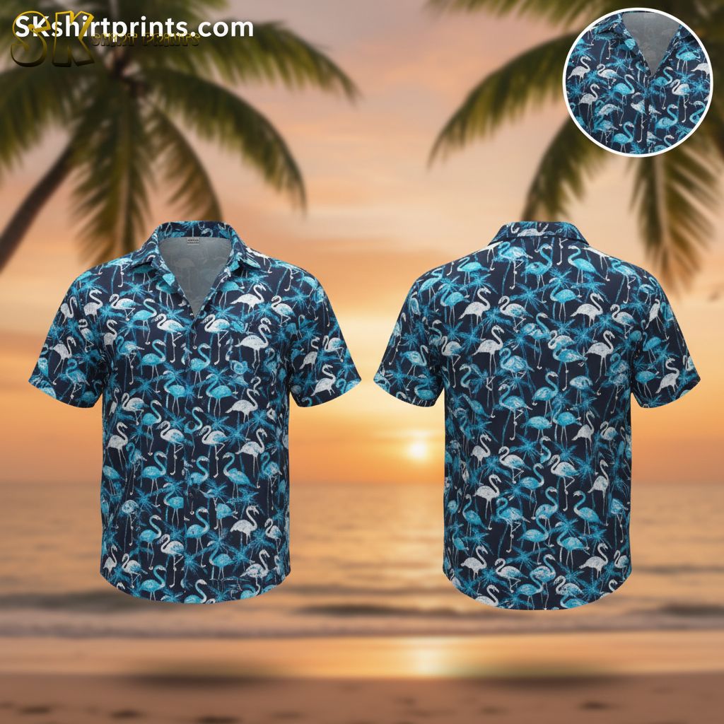 Blue and white Hawaiian shirt featuring flamingo print with tropical foliage background