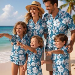 Blue and white Hawaiian shirt with large white hibiscus flowers on blue background with leafy accents