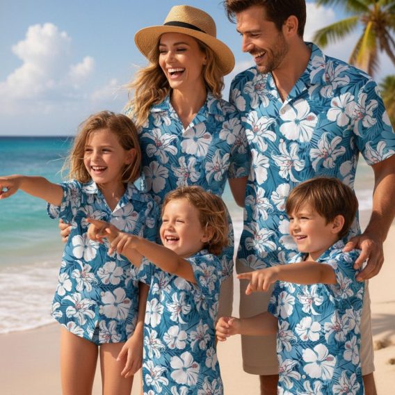Blue and white Hawaiian shirt with large white hibiscus flowers on blue background with leafy accents