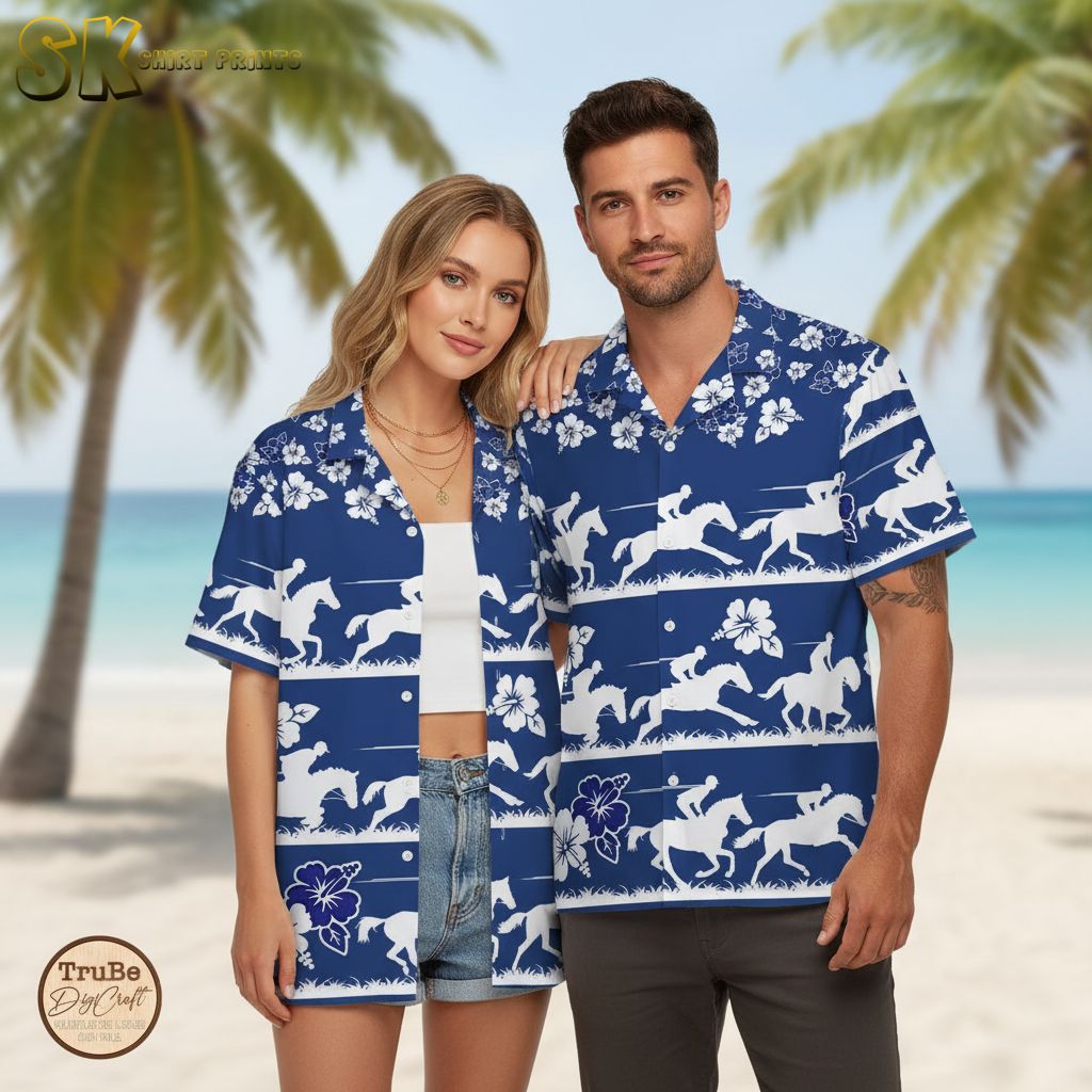 Blue and white hawaiian shirt with contrasting colors showing horse riders and hibiscus in alternating stripe layout