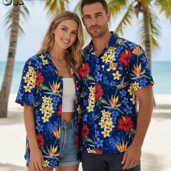 Dark Blue Aloha Shirt Blue with Red Hibiscus and Tropical Flowers