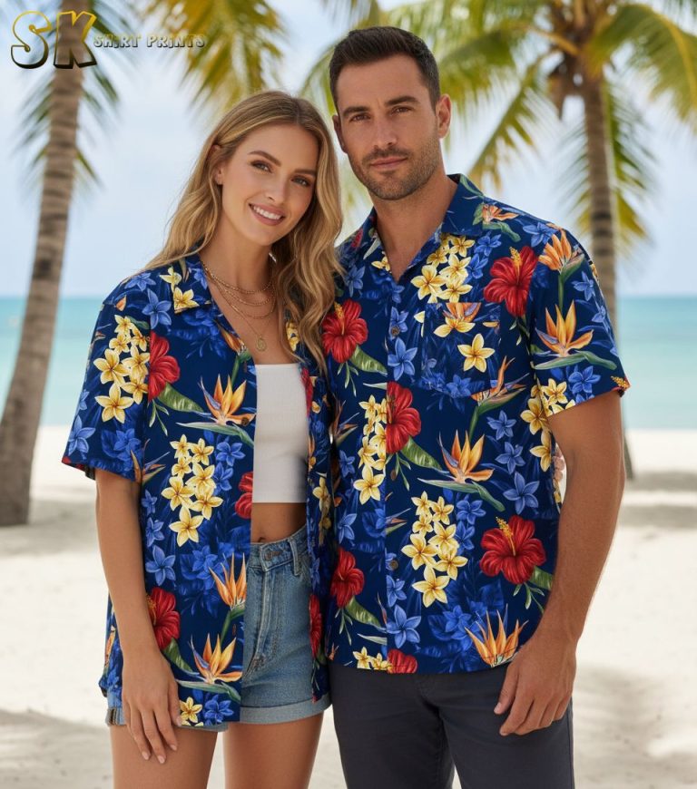 Dark Blue Aloha Shirt Blue with Red Hibiscus and Tropical Flowers