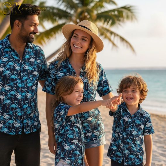 Blue floral Hawaiian shirt with flamingo design and tropical foliage patterns in white and black