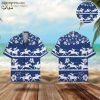 Blue floral hawaiian shirt featuring silhouettes of horsemen in horizontal stripes with hibiscus flower patterns