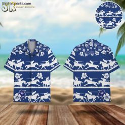 Blue floral hawaiian shirt featuring silhouettes of horsemen in horizontal stripes with hibiscus flower patterns