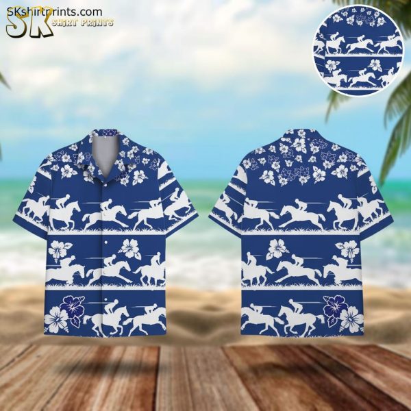 Blue Floral Hawaiian Shirt with Horse Riders and Hibiscus Pattern - Men's Aloha Shirt