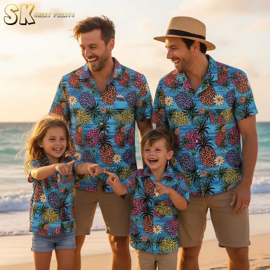 Blue floral Hawaiian shirt combining pineapples and hibiscus flowers with tropical foliage in colorful arrangement