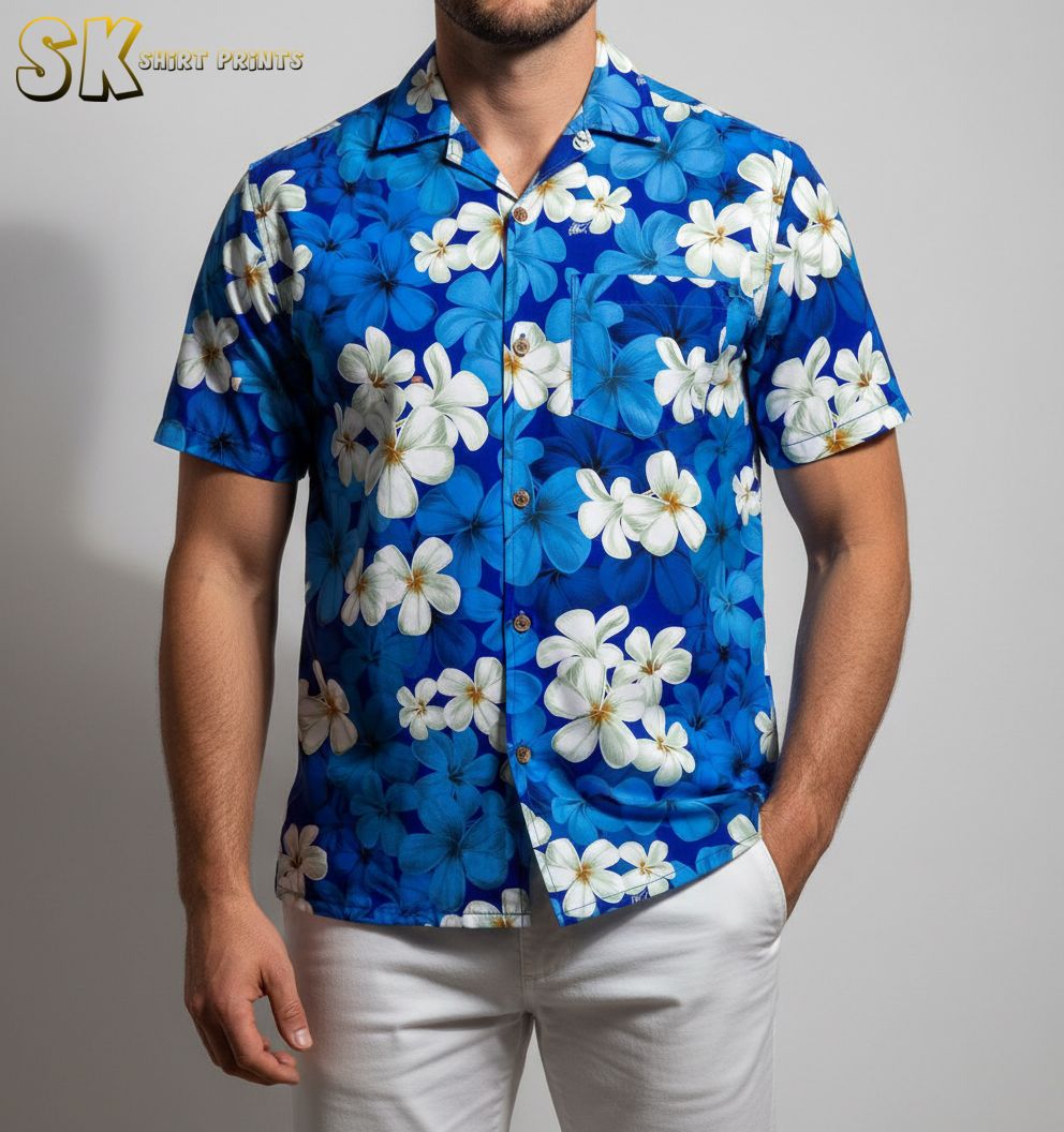 Blue floral Hawaiian shirt with white plumeria flower pattern arranged on blue background fabric