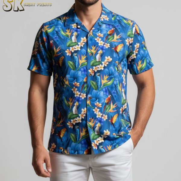Blue Aloha Shirt with Tropical Birds and Hibiscus Flowers - Hawaiian Print Button Down