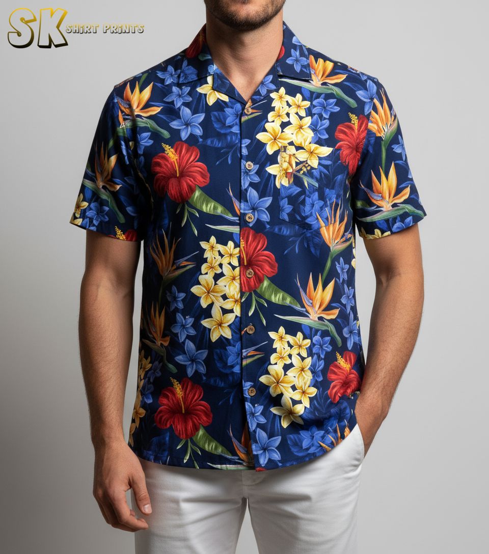 Blue Hawaiian shirt displaying red, yellow, and orange tropical flowers against dark blue fabric