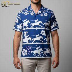 Blue hibiscus hawaiian shirt displaying hibiscus flowers between striped sections with horse rider silhouettes