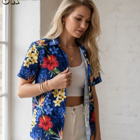 Blue hibiscus Hawaiian shirt showing red hibiscus flowers mixed with yellow and orange tropical blooms