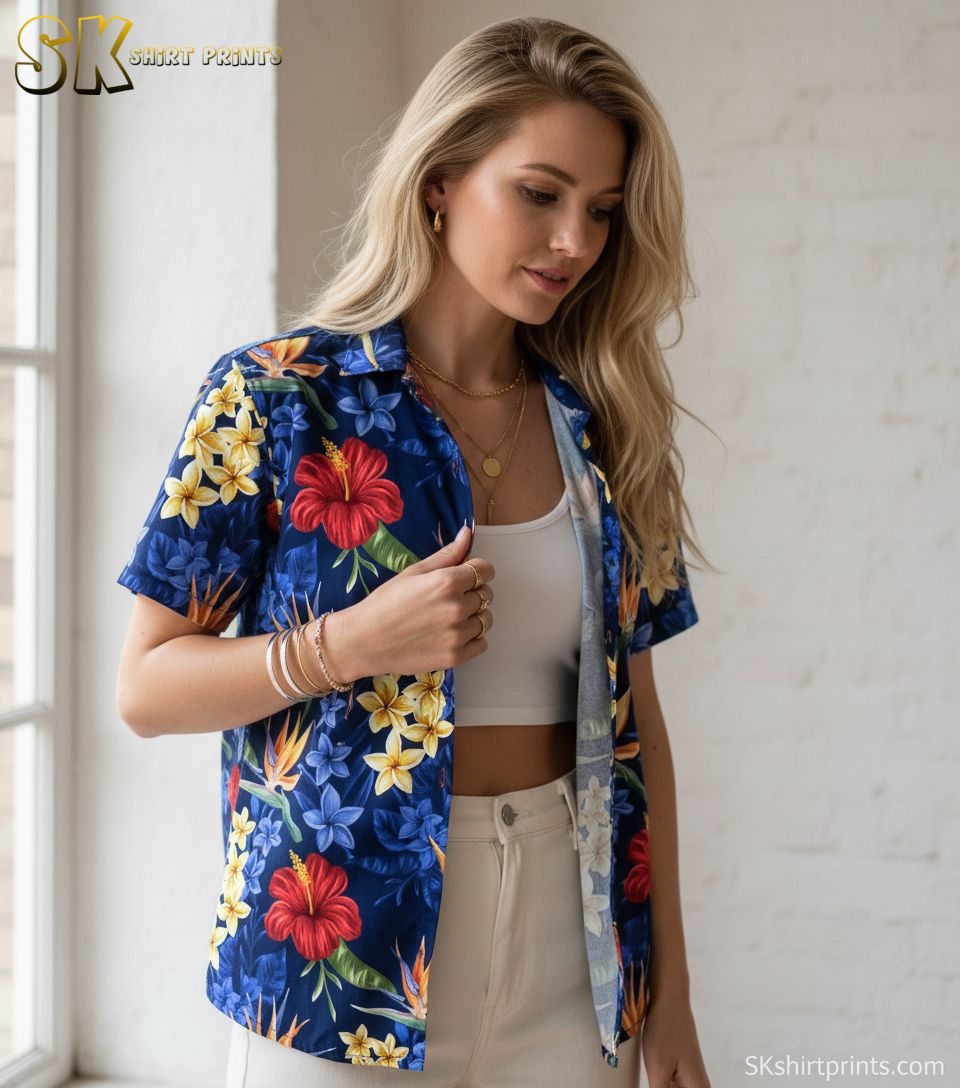 Blue hibiscus Hawaiian shirt showing red hibiscus flowers mixed with yellow and orange tropical blooms