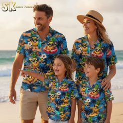 Blue palm tree Hawaiian shirt featuring palm trees with pineapples and ocean waves