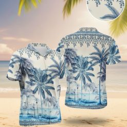 Blue palm tree hawaiian shirt featuring tropical palm tree pattern with decorative floral borders