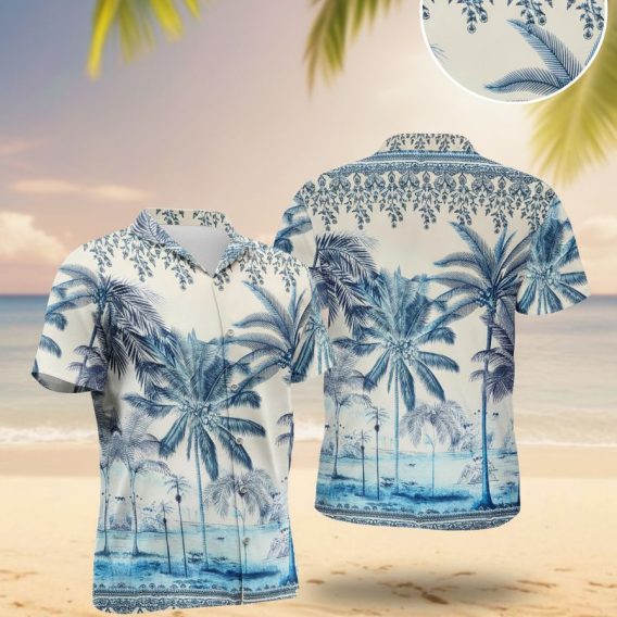 Blue palm tree hawaiian shirt featuring tropical palm tree pattern with decorative floral borders
