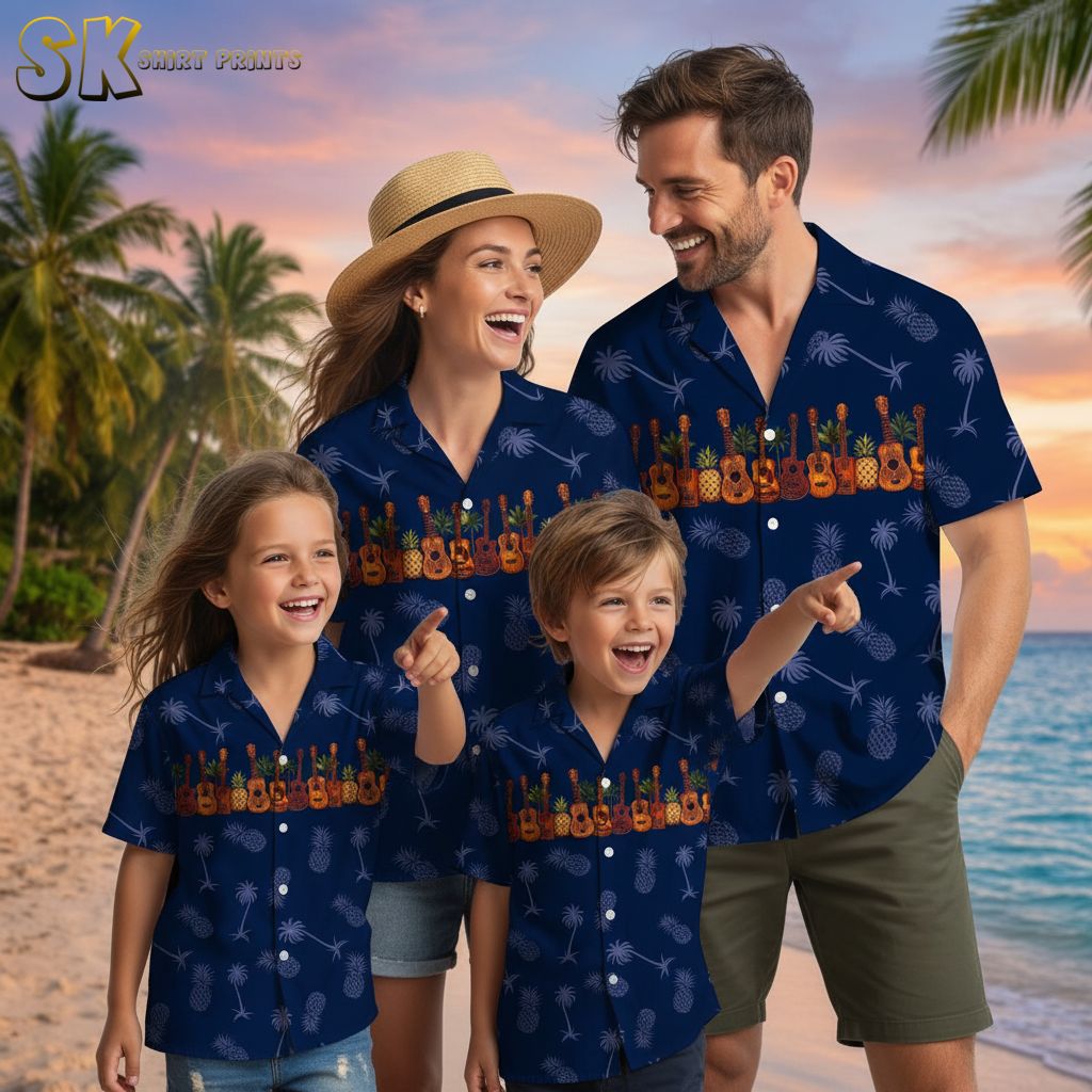 Blue pineapple hawaiian shirt displaying bright pineapple graphics alongside guitar and palm tree designs