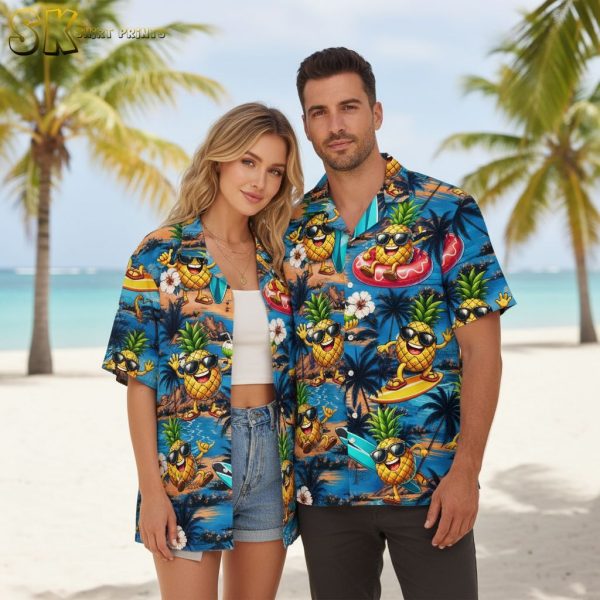 Women's Blue Hawaiian Shirt with Cool Pineapple Sunglasses Print - Tropical Beach Vacation Shirt