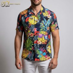 Blue pineapple Hawaiian shirt displaying sunglasses-wearing pineapples with colorful tropical blooms