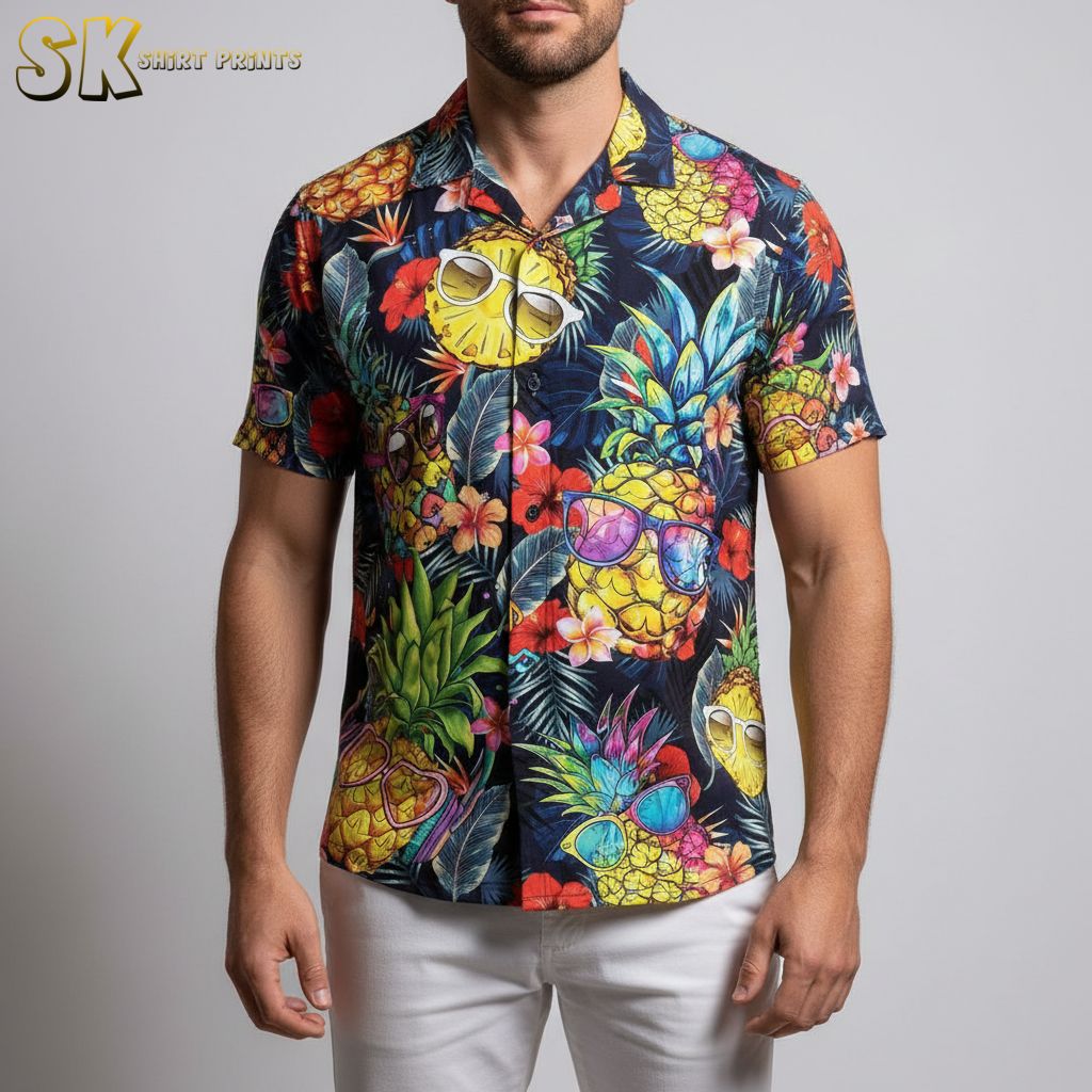 Blue pineapple Hawaiian shirt displaying sunglasses-wearing pineapples with colorful tropical blooms