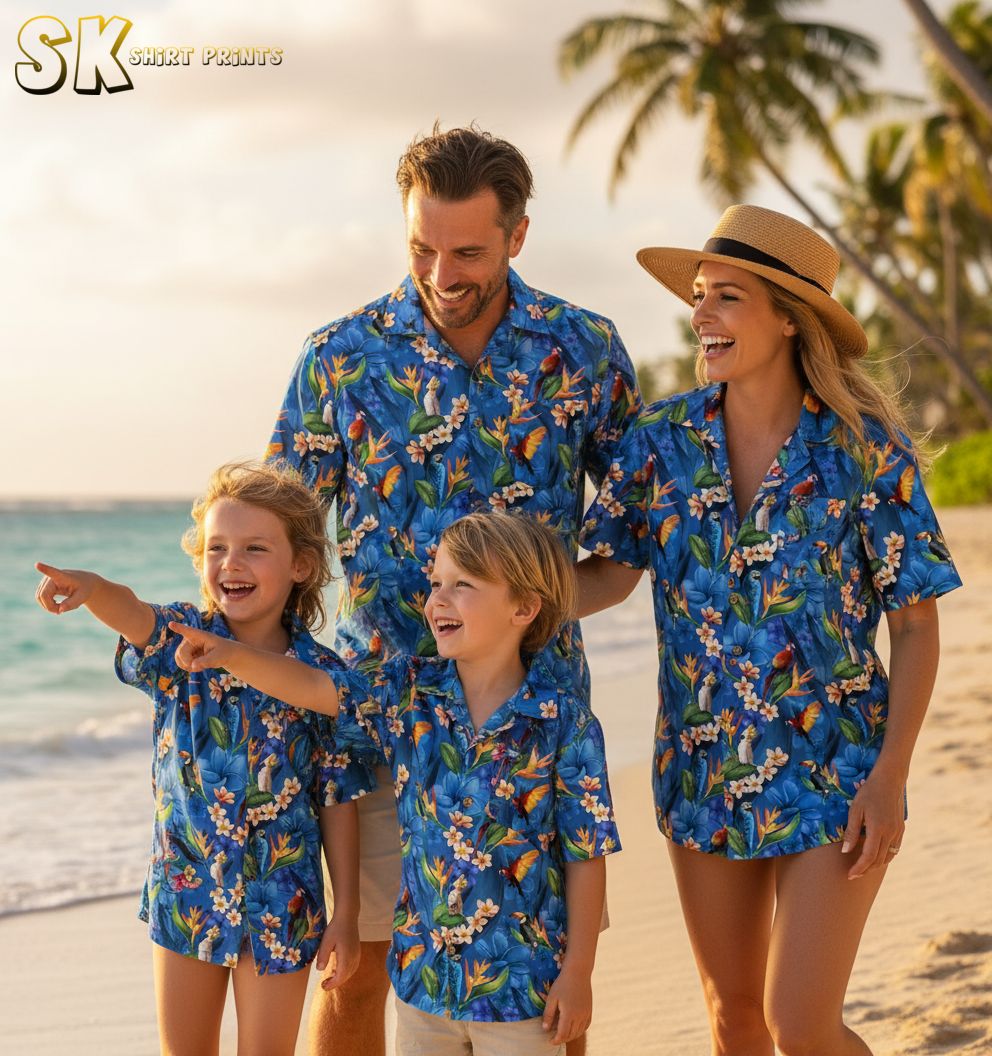 Blue tropical shirt showcasing exotic parrots, toucans, and tropical flowers in bright orange and white colors