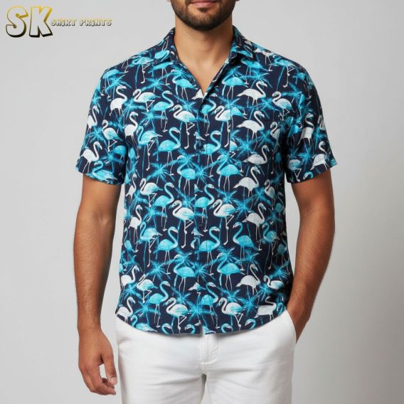 Blue tropical shirt displaying flamingo birds among tropical leaves in white and black accents