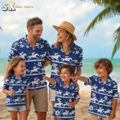 Blue tropical shirt featuring horseback riders in silhouette form with hibiscus flowers arranged in horizontal pattern bands