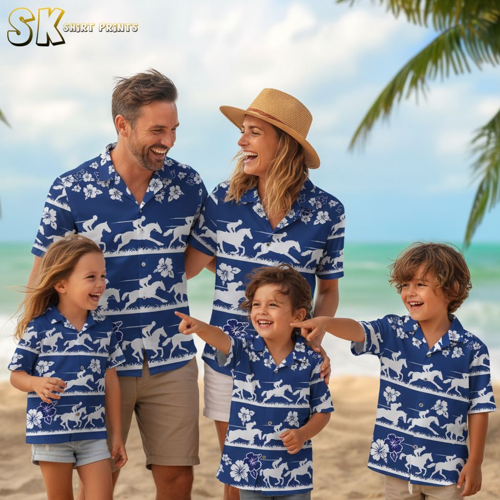 Blue tropical shirt featuring horseback riders in silhouette form with hibiscus flowers arranged in horizontal pattern bands