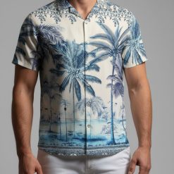 Blue tropical shirt displaying palm tree motifs and ornate decorative border details