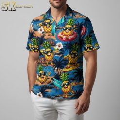 Blue tropical shirt displaying pineapples with sunglasses in various beach scenes