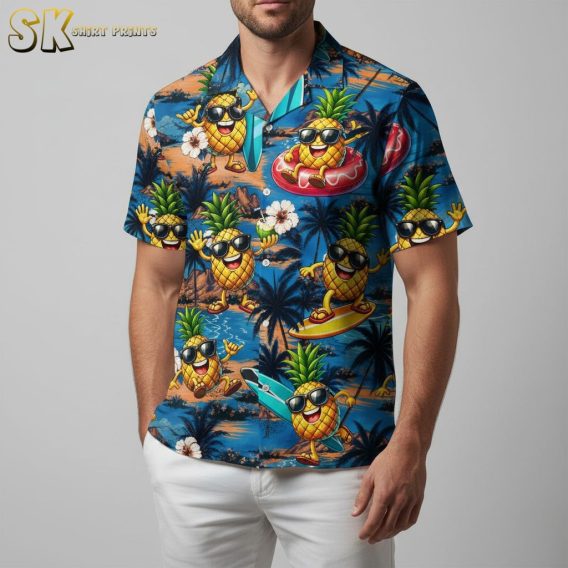 Blue tropical shirt displaying pineapples with sunglasses in various beach scenes