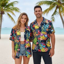 Blue tropical shirt with pineapples in sunglasses and tropical flower pattern