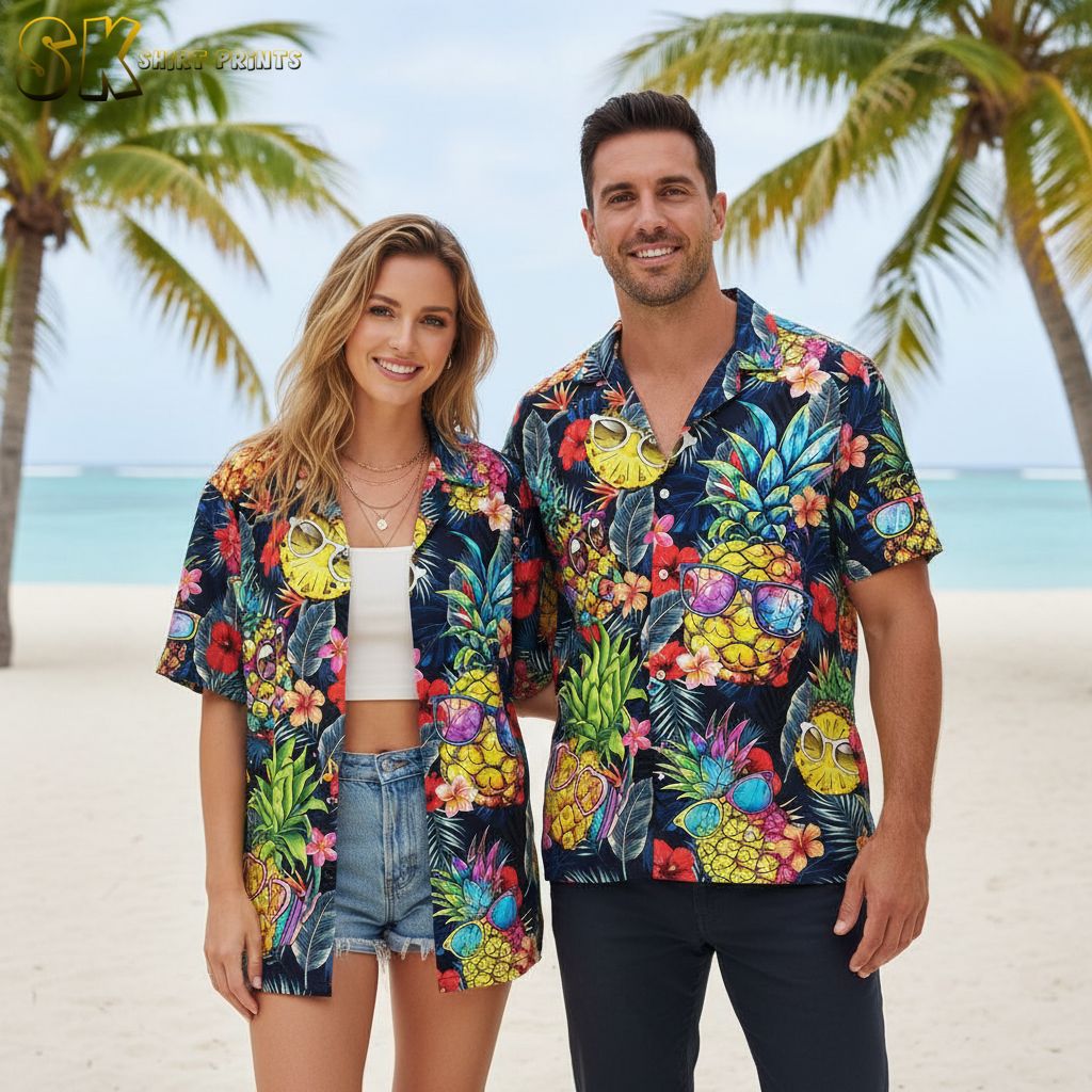 Blue tropical shirt with pineapples in sunglasses and tropical flower pattern